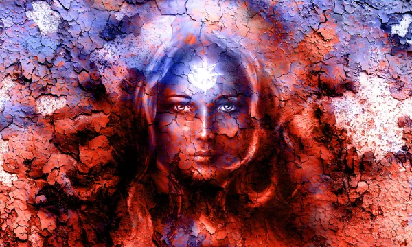 Mystic face women, con struttura effetto crepitio sullo sfondo, con stella sulla fronte, collage. contatto visivo — Foto Stock