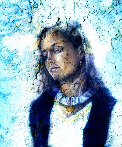 Woman  mystic face, crackle structure background  effect, collage — Stock Photo, Image