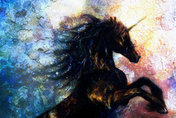 Pintura sobre lienzo de un unicornio negro bailando en el espacio, efecto desértico crujiente —  Fotos de Stock