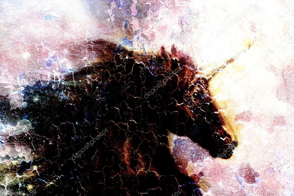 Horse,  black unicorn in space, illustration abstract desert color background, profile portrai, crackle effect