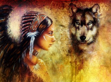 young indian woman wearing  with  wolf and feather headdress