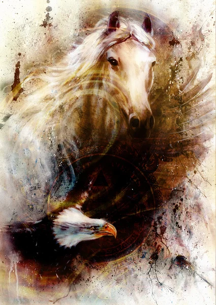 Cavalo branco com uma águia voadora bela pintura ilustração com estrutura van dolar, em um fundo texturizado abstrato — Fotografia de Stock