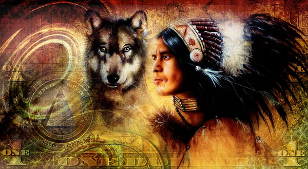 Collage de un dólar con el hombre indio guerrero con lobo, fondo ornamento —  Fotos de Stock