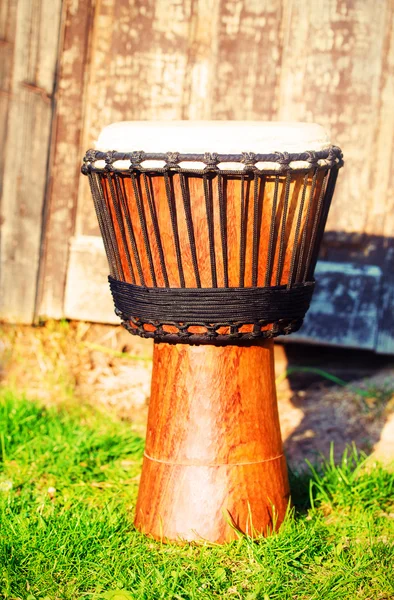 Originale tamburo djembe africano con lamina in pelle, su verde alla luce del sole — Foto Stock