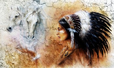 Muhteşem tüy headdress giyiyor bir genç Hintli kadın resim, iki beyaz at ruhları avucunun asılı bir görüntü yapısı Crackle