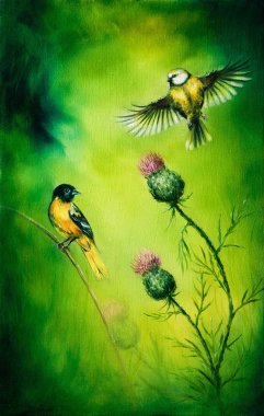 Pair of songbirds flattering above a distel flower, on an emerald green background clipart