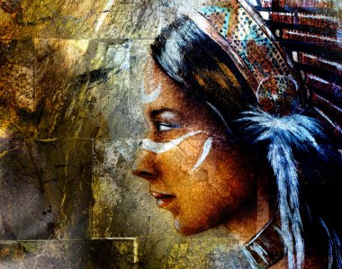 bir büyük tüy headdress duvar arka plan kolaj üzerinde giyen genç Hintli kadın