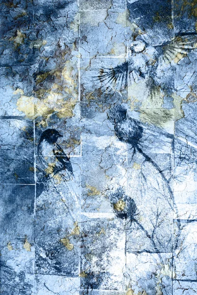 Μπλε κροτάλισμα τοίχο υφή, το χρώμα φόντου κροτάλισμα. Με πουλί. — Φωτογραφία Αρχείου
