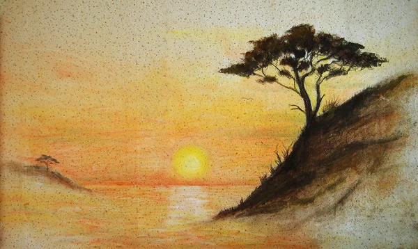 Pintura en la pared.Pintura puesta del sol, mar y árbol, paisaje de papel pintado —  Fotos de Stock