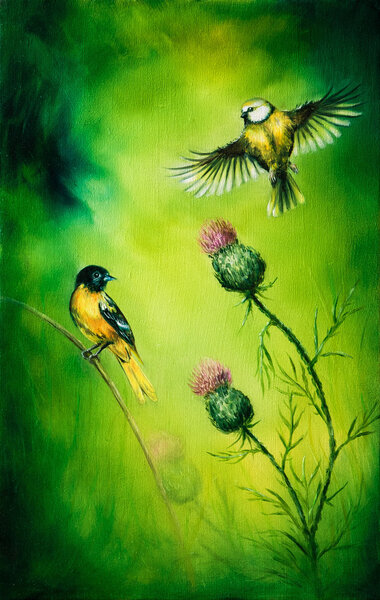 Pair of songbirds flattering above a distel flower, on an emerald green background