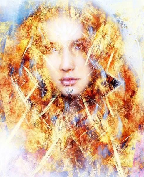 Mooie airbrush schilderij van een betoverende vrouw gezicht met structuur kleur achtergrond, brand effect — Stockfoto