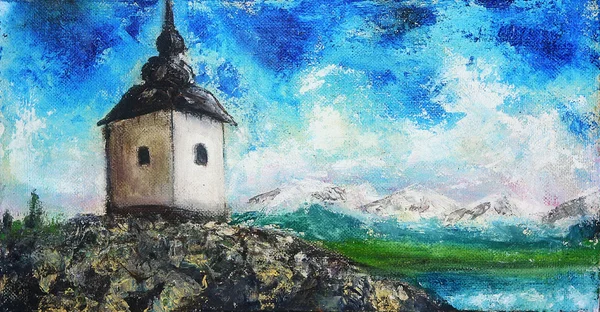 Chapel in nature, color oil painting. Beauty of the snowy mountains and lake in the background.