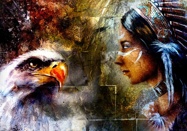 Woman and flying eagle,  illustration and abstract wall background — Stock Photo, Image