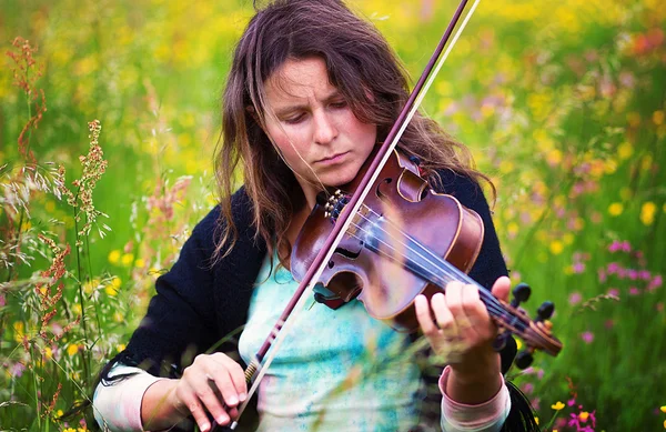 Violinist on a meadow full of flowers, Young girl playing music instrument — Stock Photo, Image