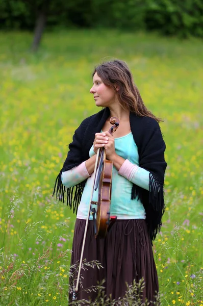 Violoniste sur une prairie pleine de fleurs, Jeune fille jouant de l'instrument de musique — Photo