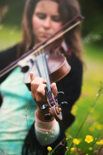 A rét tele virággal, fiatal lány játszik hangszer hegedűművész — Stock Fotó