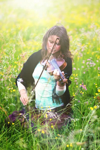 A rét tele virággal, fiatal lány játszik hangszer hegedűművész — Stock Fotó