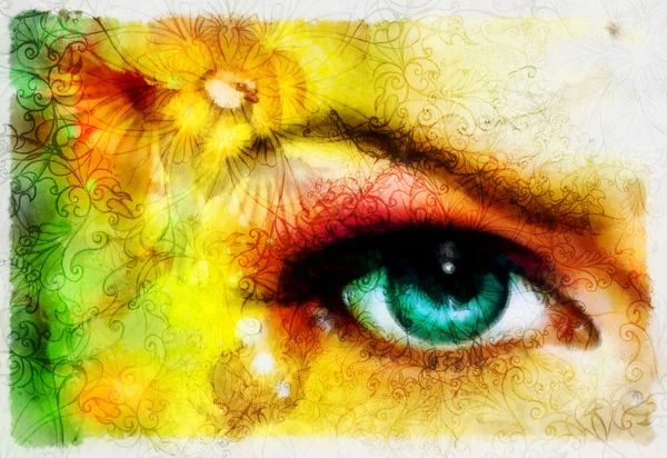 Голубая богиня женщины глаза с птицами на многоцветном фоне зрительный контакт с мандала линейного орнамента — стоковое фото