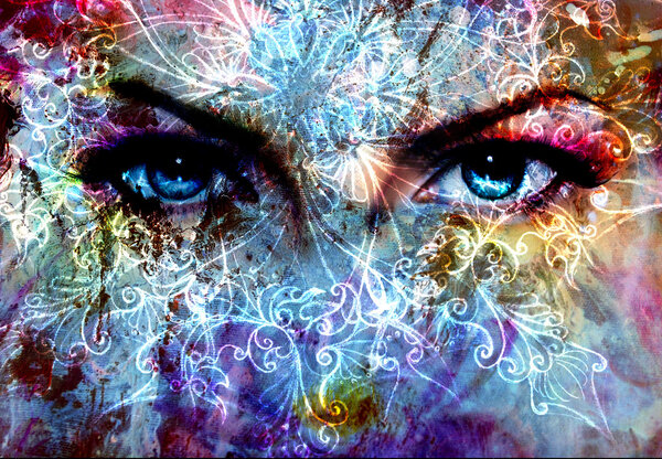 women eyes and  crackle effect and white  ornaments