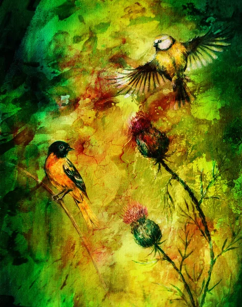 Color abstract background with birds and flower. — Stock Photo, Image