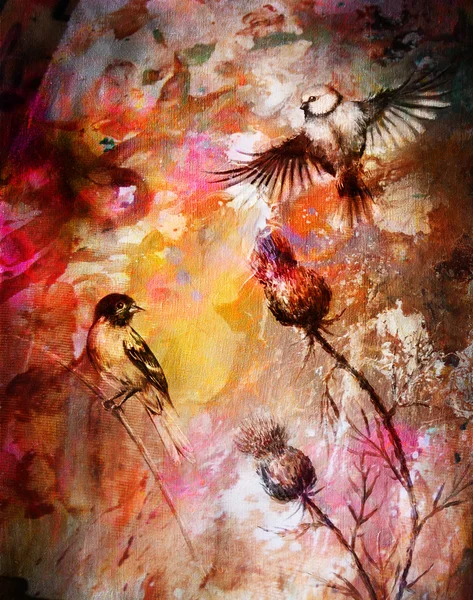 Color abstract background with birds and flower. — Stock Photo, Image