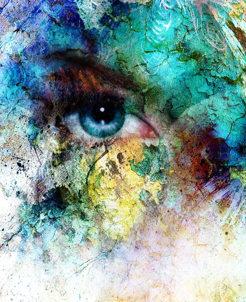 Beautiful blue women eye beaming, color desert crackle effect, painting collage, artist makeup — Stock Photo, Image