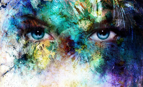 Beautiful blue women eyes beaming, color desert crackle effect, painting collage, artist makeup — Stock Photo, Image