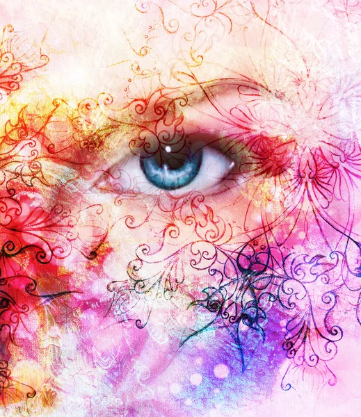 Beautiful blue women eyes, color effect, painting collage, violet makeup and ornaments. — Stock Photo, Image