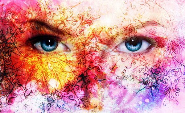 beautiful blue women eyes, color effect, painting collage, violet makeup and ornaments.