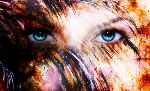 Beautiful blue women eyes beaming, color feathers effect, painting collage, phoenix makeup — Stock Photo, Image