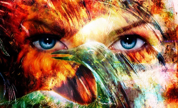 Beautiful blue women eyes beaming, color feathers effect, painting collage, and bird phoenix, artist makeup — Stock Photo, Image