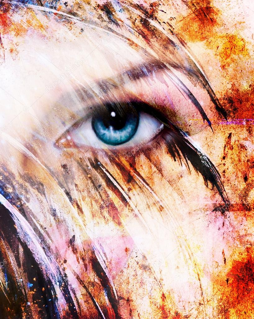 Beautiful blue women eye beaming, color feathers effect, painting collage, phoenix makeup