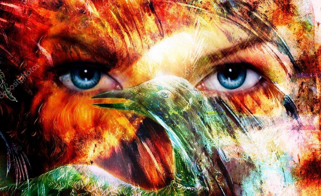 Hermosos Ojos Azules De Las Mujeres Que Brillan Efecto De Plumas De Color Collage De Pintura Y
