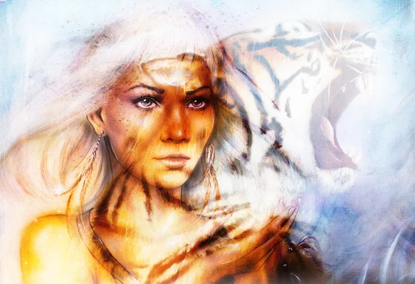 Kvinna porträtt med andliga tiger om rymden, färg målning collage. — Stockfoto