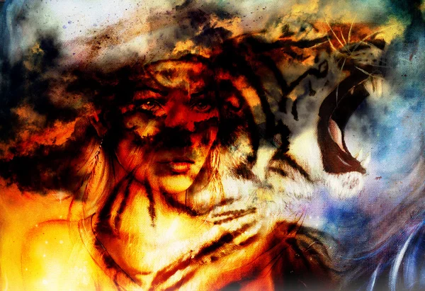 Woman portrait with spiritual fire tiger on space, color painting collage. — Stock Photo, Image