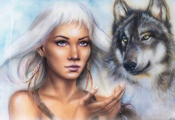 女人肖像装饰纹身在精神的狼和羽毛饰品的脸上。绘画 — 图库照片