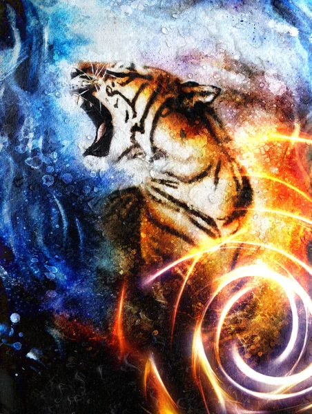 Tiger malen, Collage auf Tropfen und Flecken Hintergrund, Wildtiere. und Lichtkreis — Stockfoto