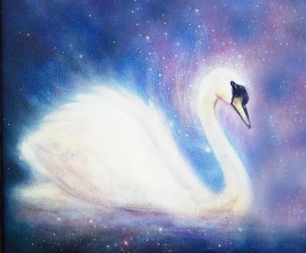 Лебедь на цветном абстрактном космическом фоне . — стоковое фото