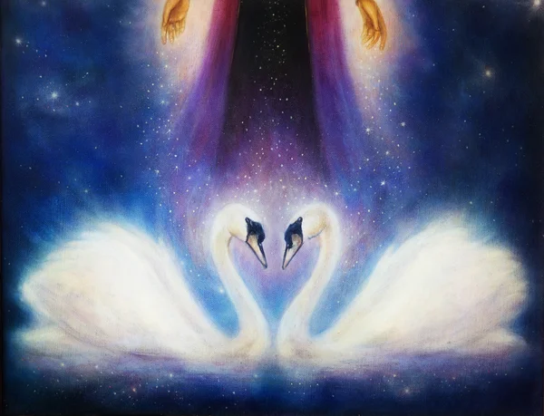Romântico dois cisnes no espaço cósmico, e mão mulher com estrelas . — Fotografia de Stock