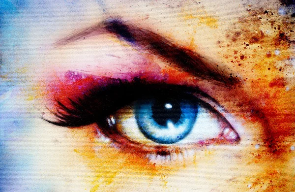 Oeil de femme bleu avec maquillage de jour violet et rose. Peinture couleur — Photo