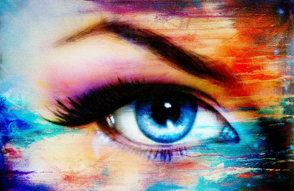 Oeil de femme bleu avec maquillage de jour violet et rose. Peinture couleur — Photo