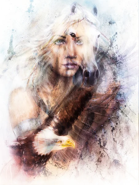 Lukisan wanita dan kuda dengan elang terbang indah lukisan ilustrasi kolase . Stok Foto Bebas Royalti