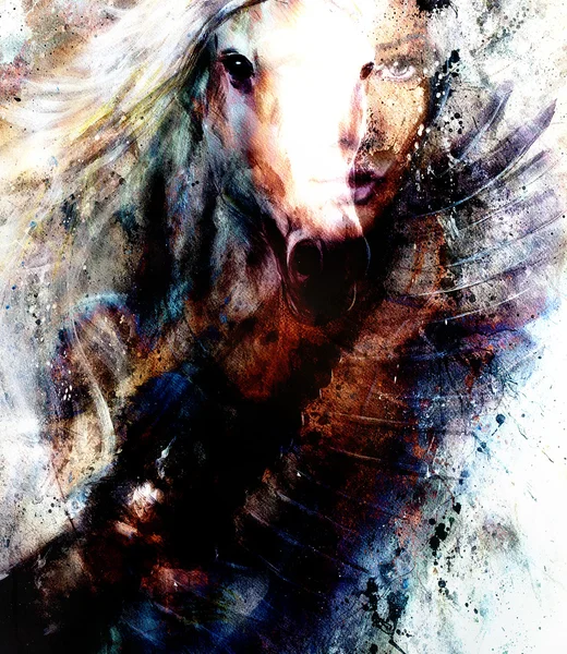 Lukisan indah Wanita dan kuda dengan elang terbang Lukisan indah ilustrasi kolase Stok Lukisan  