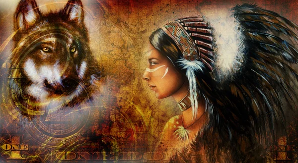 One dollar collage with indian woman warrior and wolf, ornament background. — Stock Photo, Image