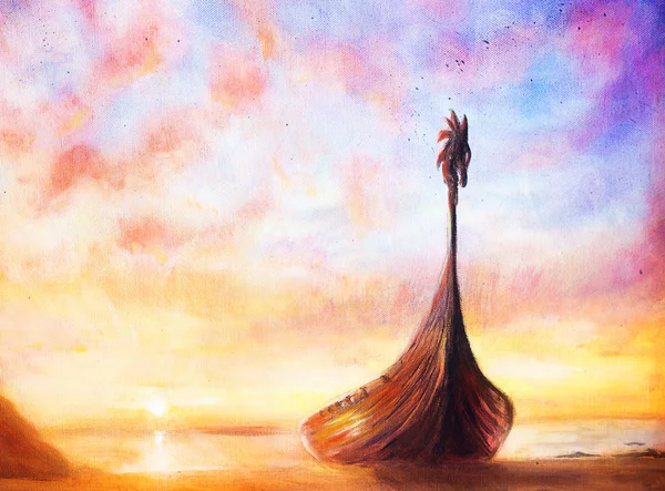Viking boot op het strand, schilderij op doek, boot met hout draak. — Stockfoto
