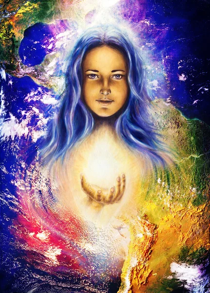 Mystic woman and earth collage. Woman illustration — Stock Photo, Image