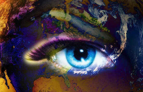 Planet Earth and blue human eye with violet and pink day makeup. Eye painting — Stock Photo, Image