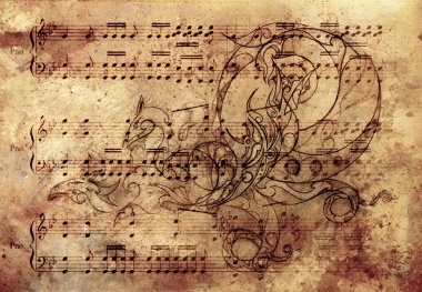 Süs ejderha dövme vintage kağıt üzerinde çizim. Ve müzik notası.
