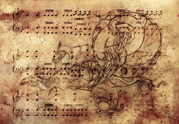 Süs ejderha dövme vintage kağıt üzerinde çizim. Ve müzik notası. — Stok fotoğraf