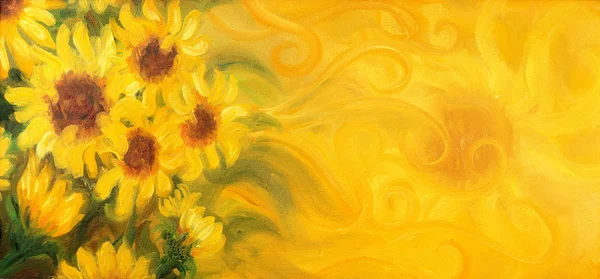 Sonnige Sonnenblumen mit Sonne und Ornamenten. Ölbild auf Leinwand. — Stockfoto
